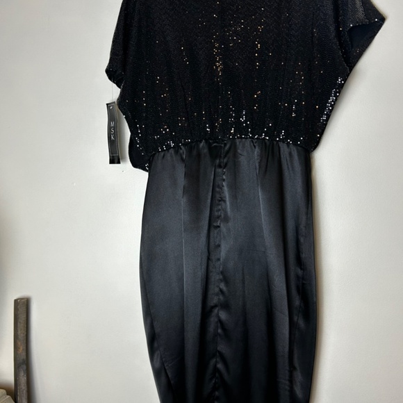 MSK Black Sequin and Satin Party Dress, Black Short Sleeve Cocktail Dress - Picture 2 of 4